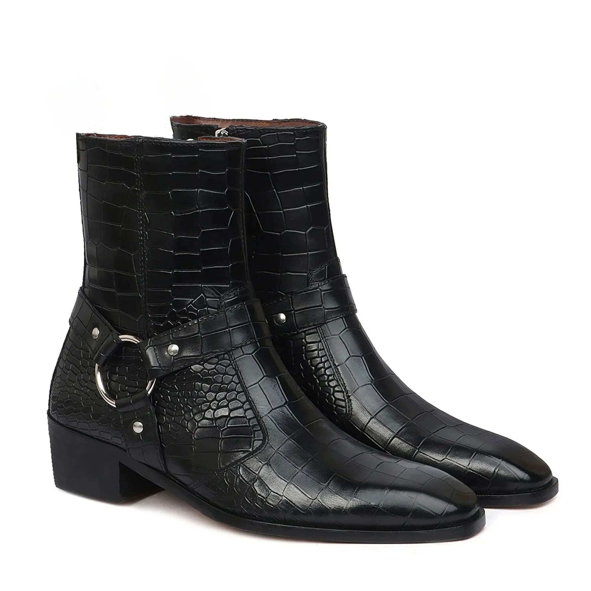 Handmade Custom Dark Black Leather Crocodile Pattern Jodhpur Boots For Men
