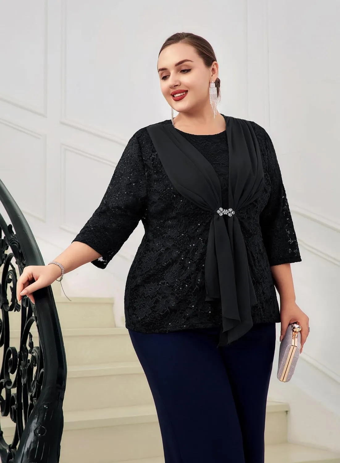 Hanna Nikole Women Plus Size Outfits Lace Tank Tops Sequin Cardigan 2 Pcs Sets for Wedding Guest