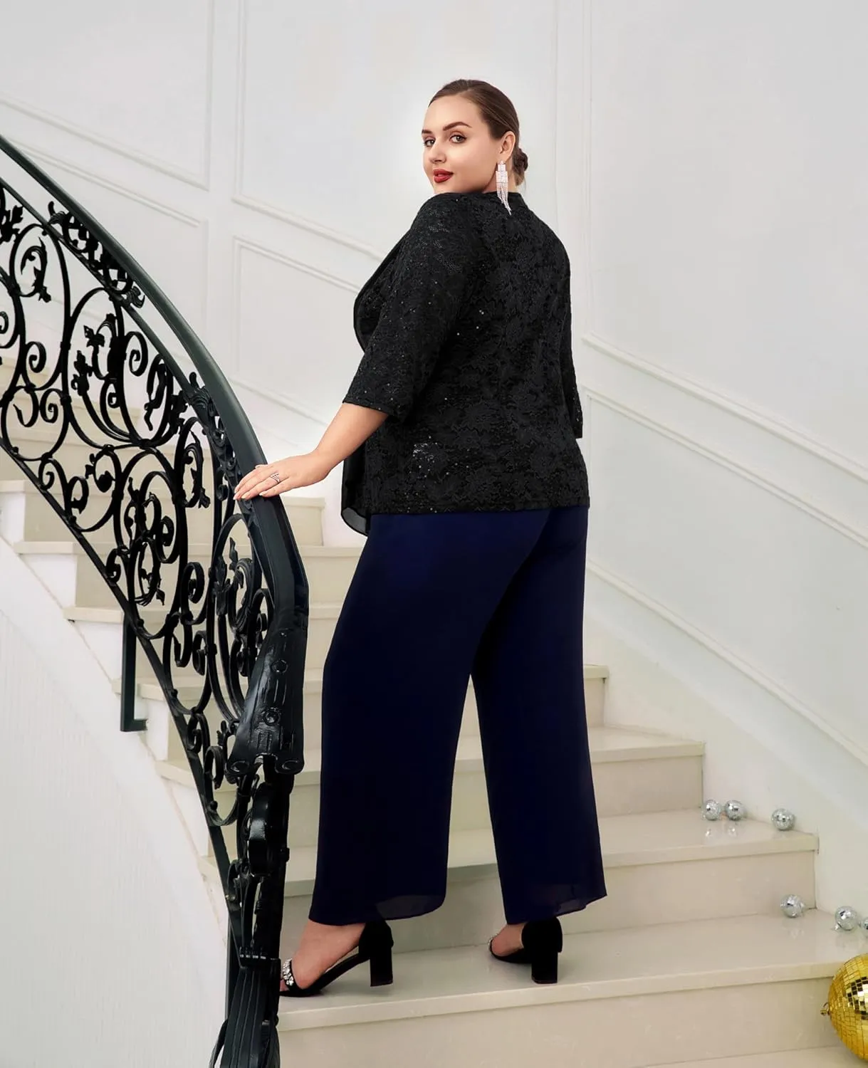 Hanna Nikole Women Plus Size Outfits Lace Tank Tops Sequin Cardigan 2 Pcs Sets for Wedding Guest
