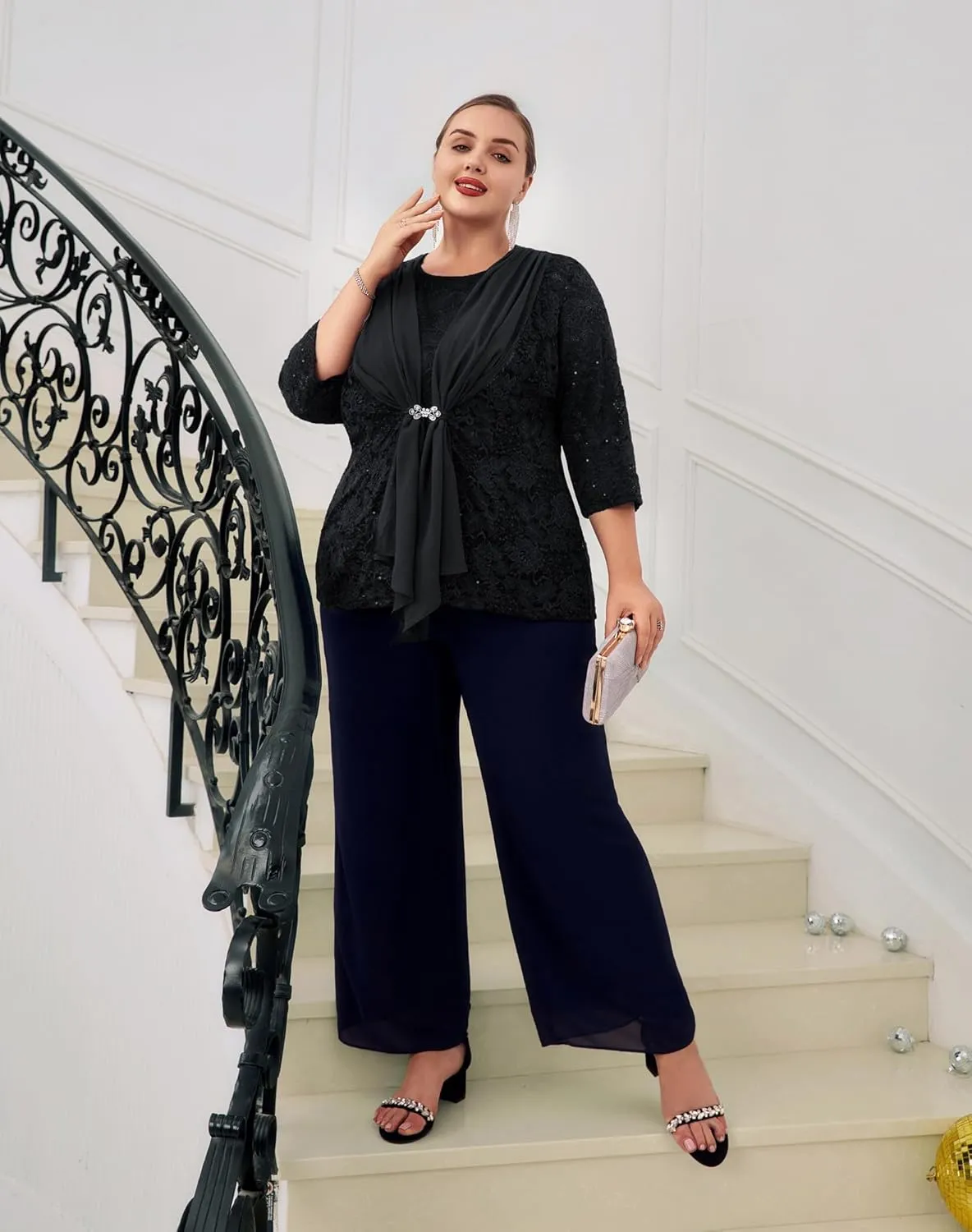 Hanna Nikole Women Plus Size Outfits Lace Tank Tops Sequin Cardigan 2 Pcs Sets for Wedding Guest