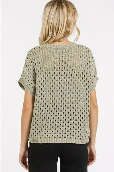 Hazel Blues® |  Mittoshop Mineral Wash Openwork Short Sleeve Knit Cover Up