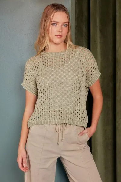 Hazel Blues® |  Mittoshop Mineral Wash Openwork Short Sleeve Knit Cover Up