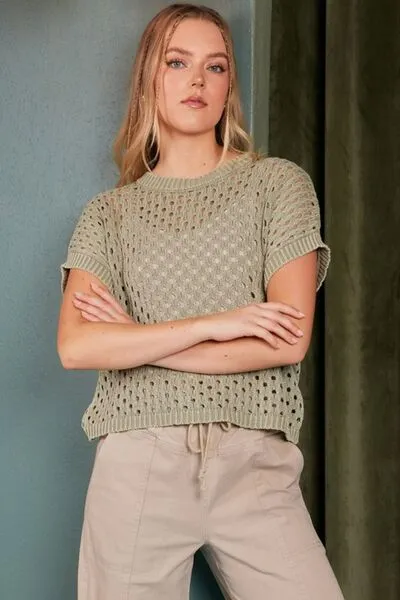 Hazel Blues® |  Mittoshop Mineral Wash Openwork Short Sleeve Knit Cover Up