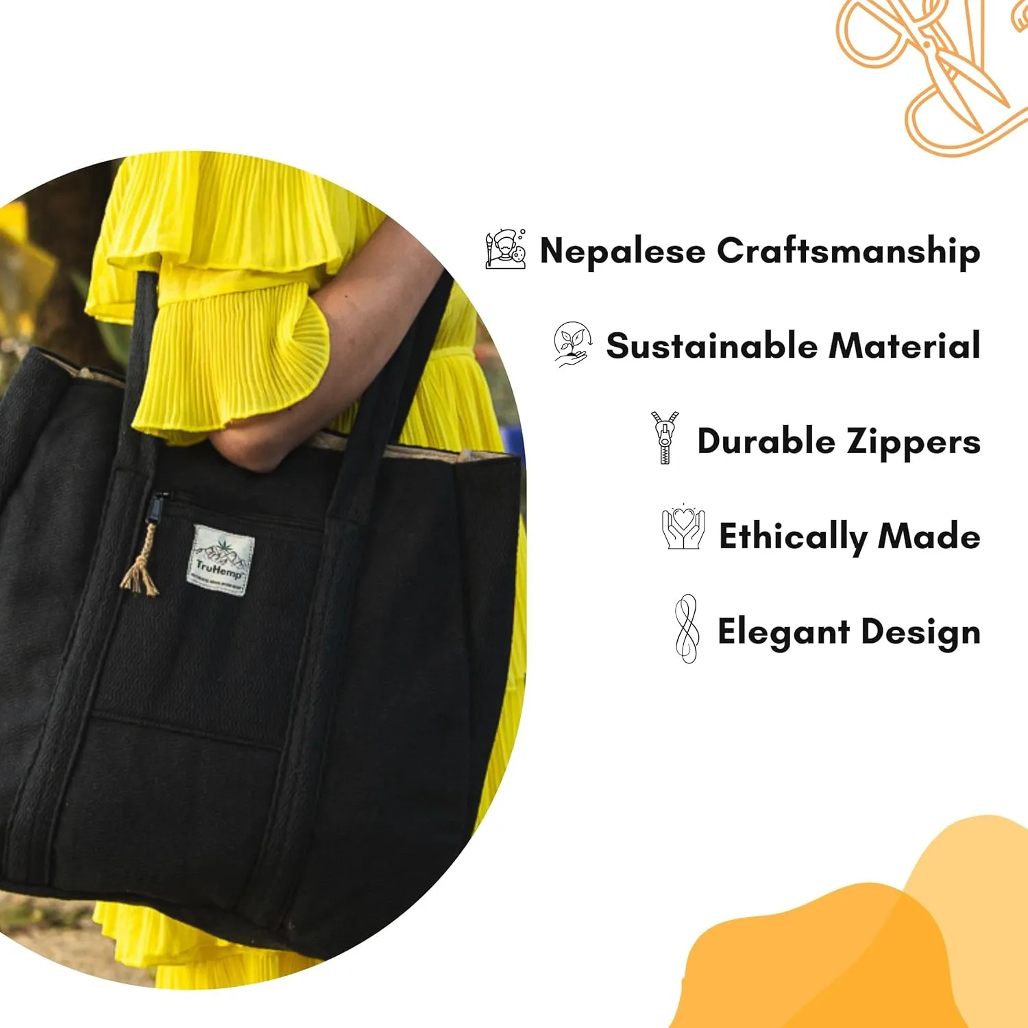 Hemp Shopping Tote Bag with Dual Zippered Compartments | Spacious Eco Market Bag with Cotton Lining | 10L Capacity