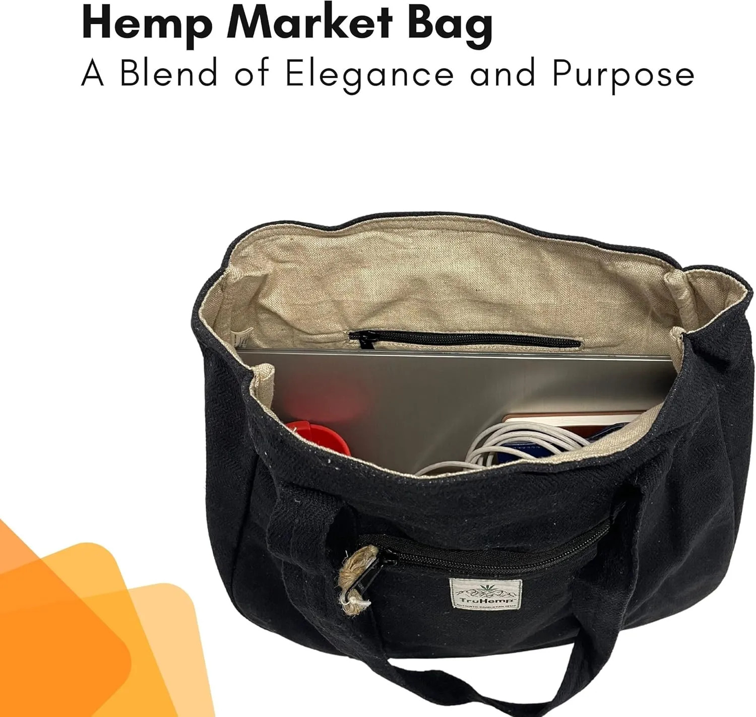 Hemp Shopping Tote Bag with Dual Zippered Compartments | Spacious Eco Market Bag with Cotton Lining | 10L Capacity