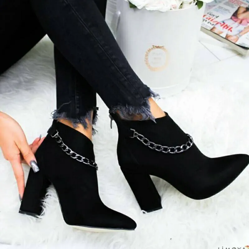 High Chunky Heel Suede Chain Ankle Boots