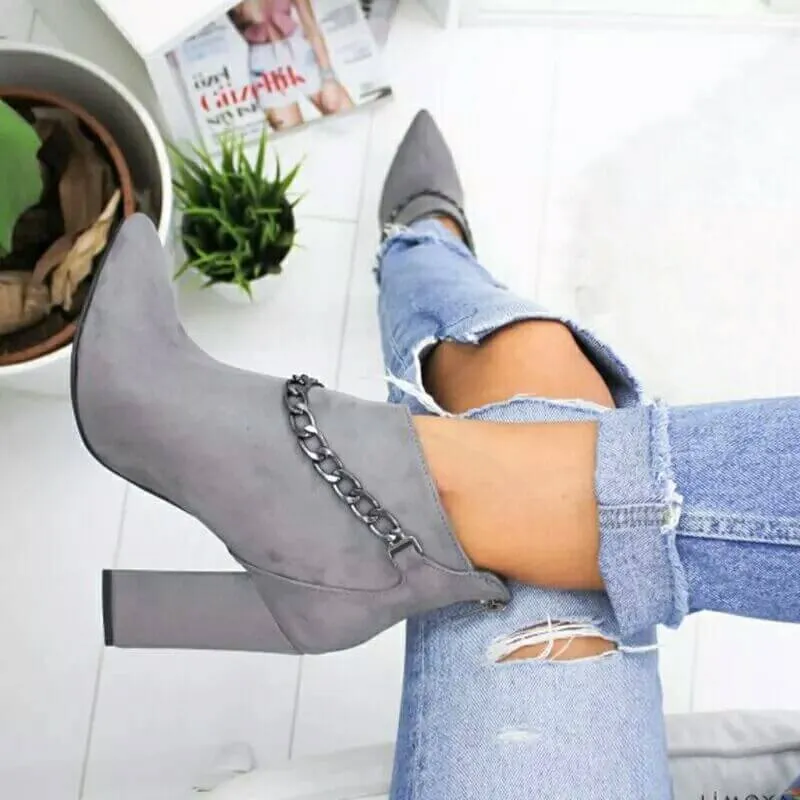 High Chunky Heel Suede Chain Ankle Boots