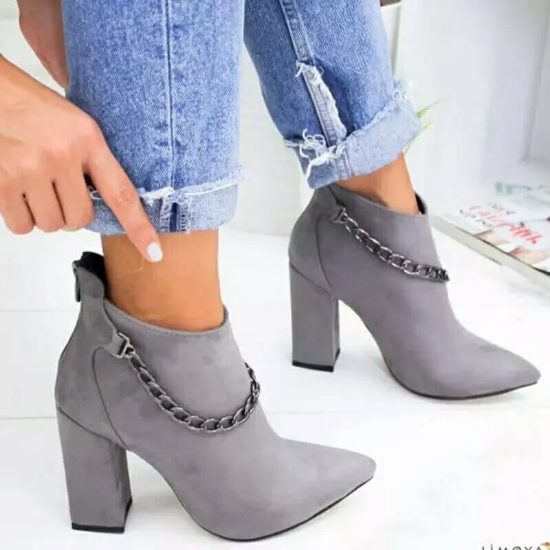 High Chunky Heel Suede Chain Ankle Boots