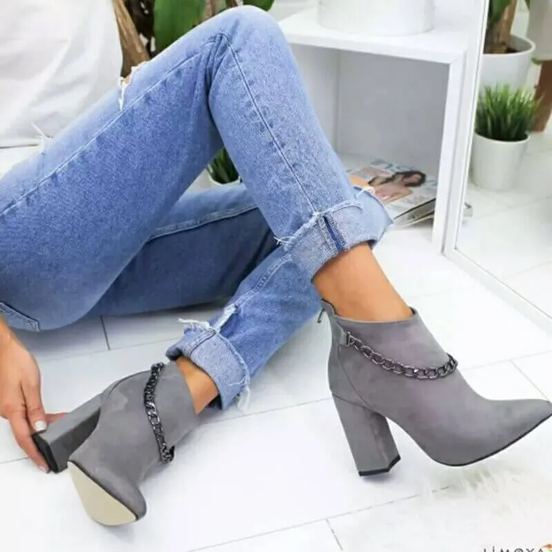High Chunky Heel Suede Chain Ankle Boots