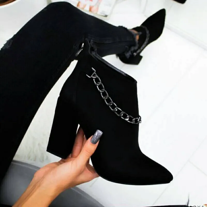 High Chunky Heel Suede Chain Ankle Boots