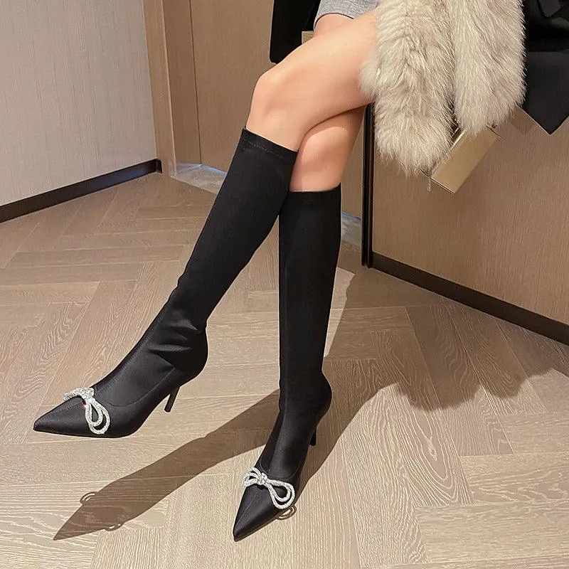 High Heel Rhinestone Sleeve Pointed Long And Short Black Boots