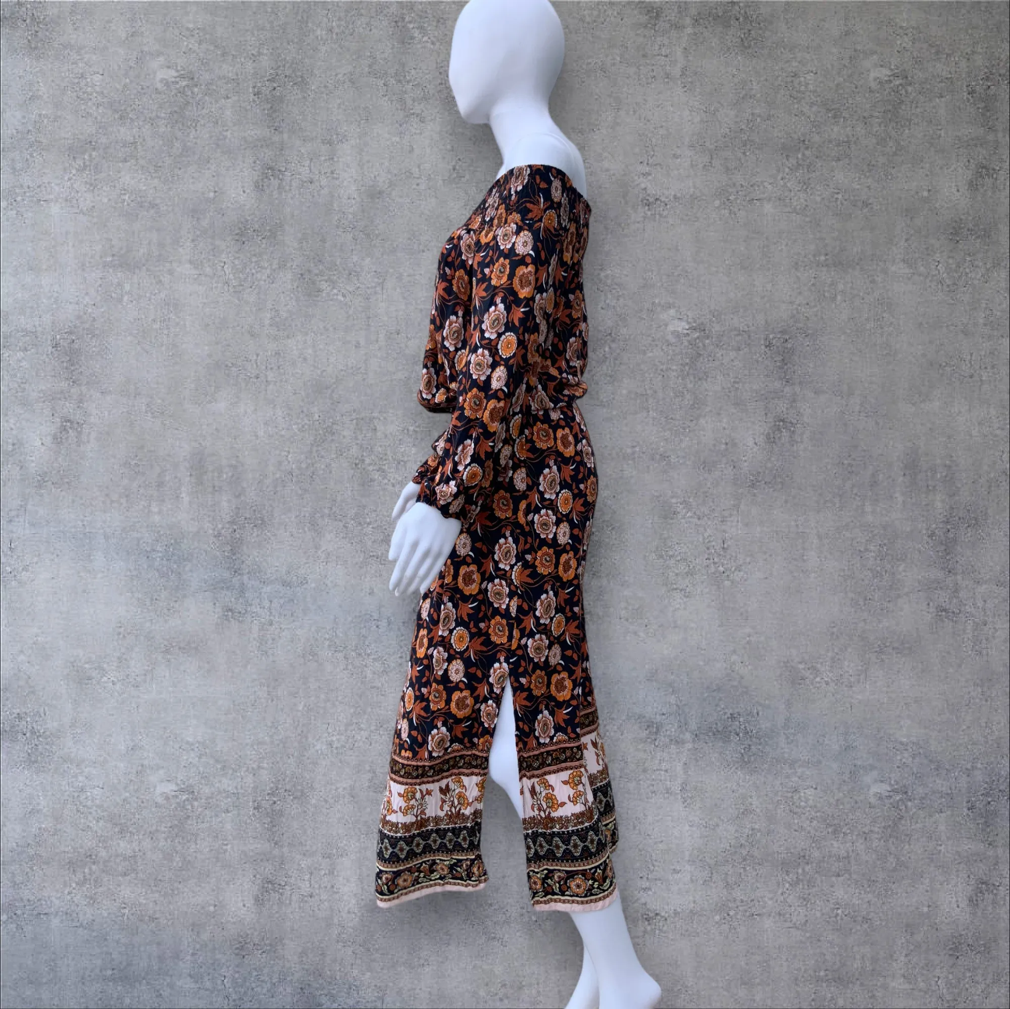 JAR OF HEARTS Off Shoulder Bohemian Floral Print Maxi Dress - Size M