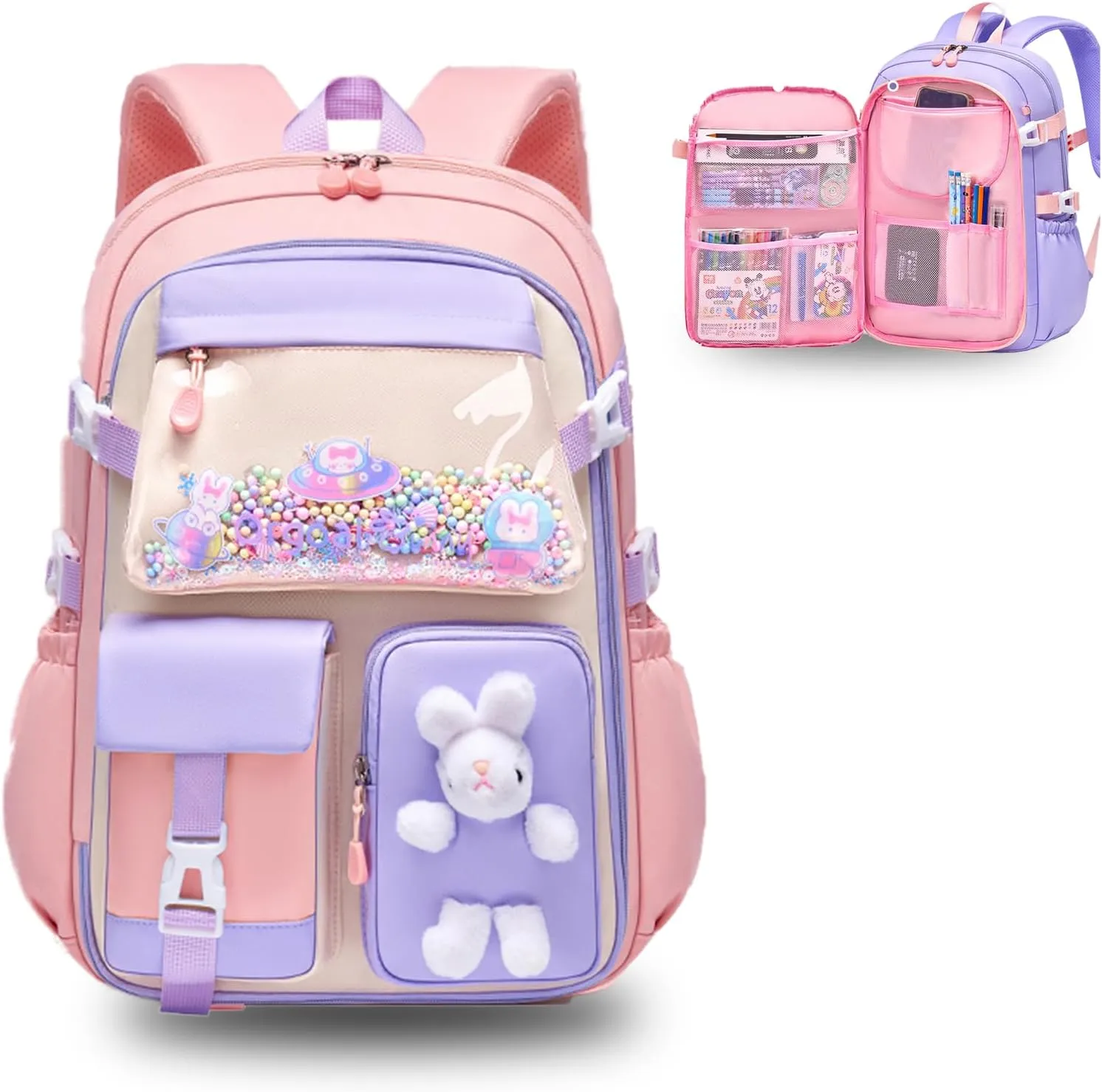 Kawaii Backpack with Cute Accessories Wide Open Bunny Cute Backpac Backpacks for girls with Plush Pendenat (Large,Pink)