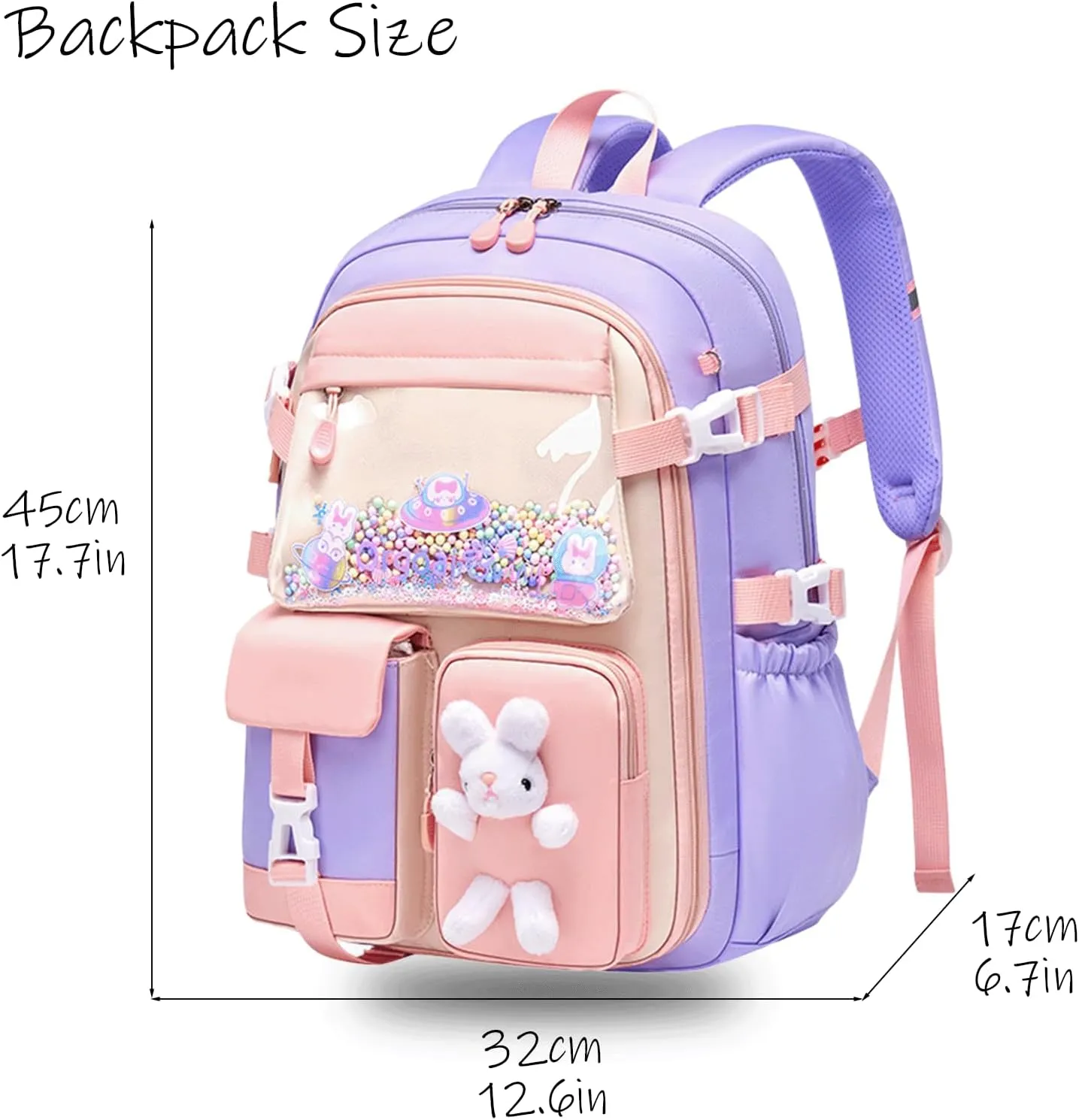Kawaii Backpack with Cute Accessories Wide Open Bunny Cute Backpack Backpacks for girls with Plush Pendenat (Large,Blue)