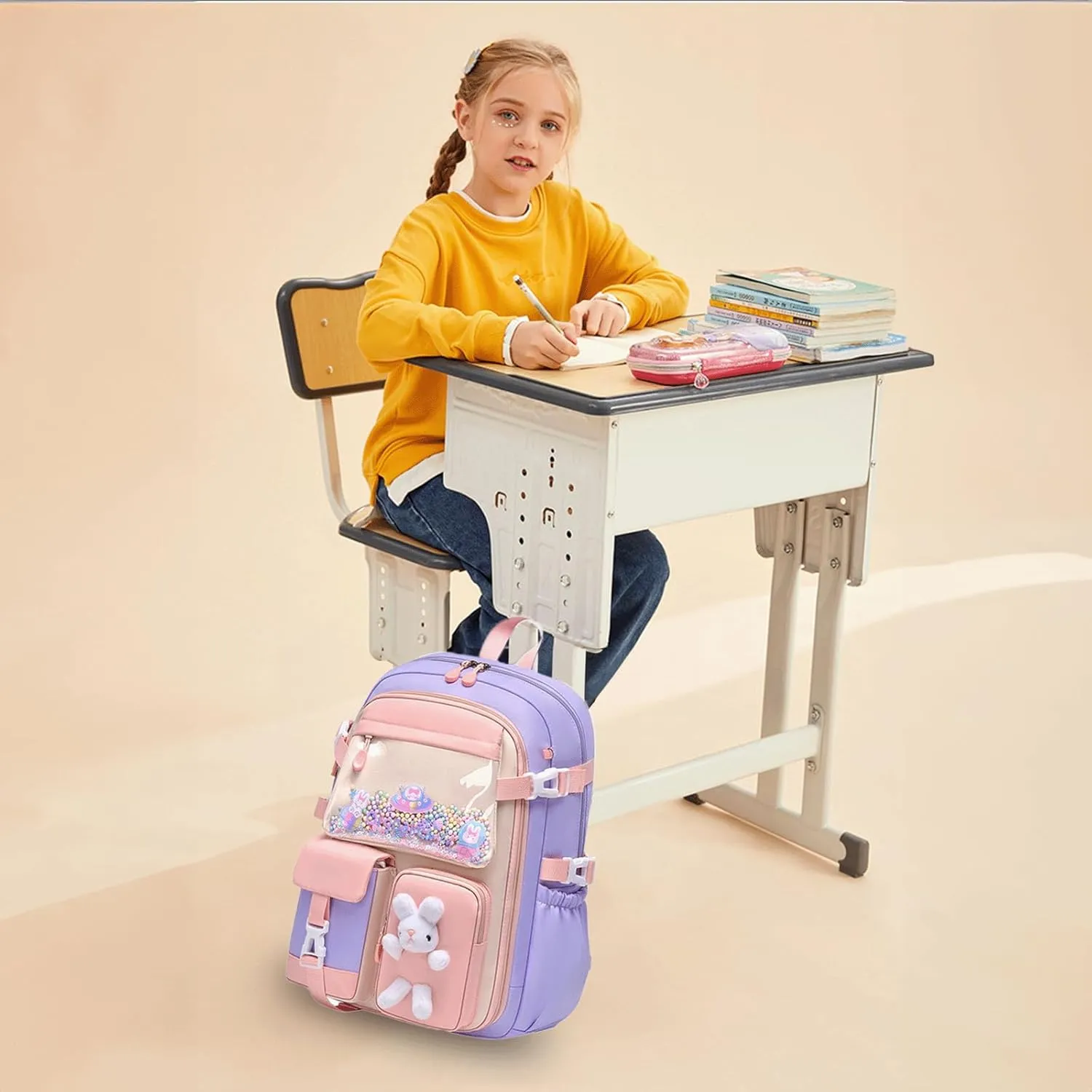 Kawaii Backpack with Cute Accessories Wide Open Bunny Cute Backpack Backpacks for girls with Plush Pendenat (Large,Blue)