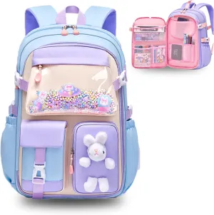 Kawaii Backpack with Cute Accessories Wide Open Bunny Cute Backpack Backpacks for girls with Plush Pendenat (Large,Blue)