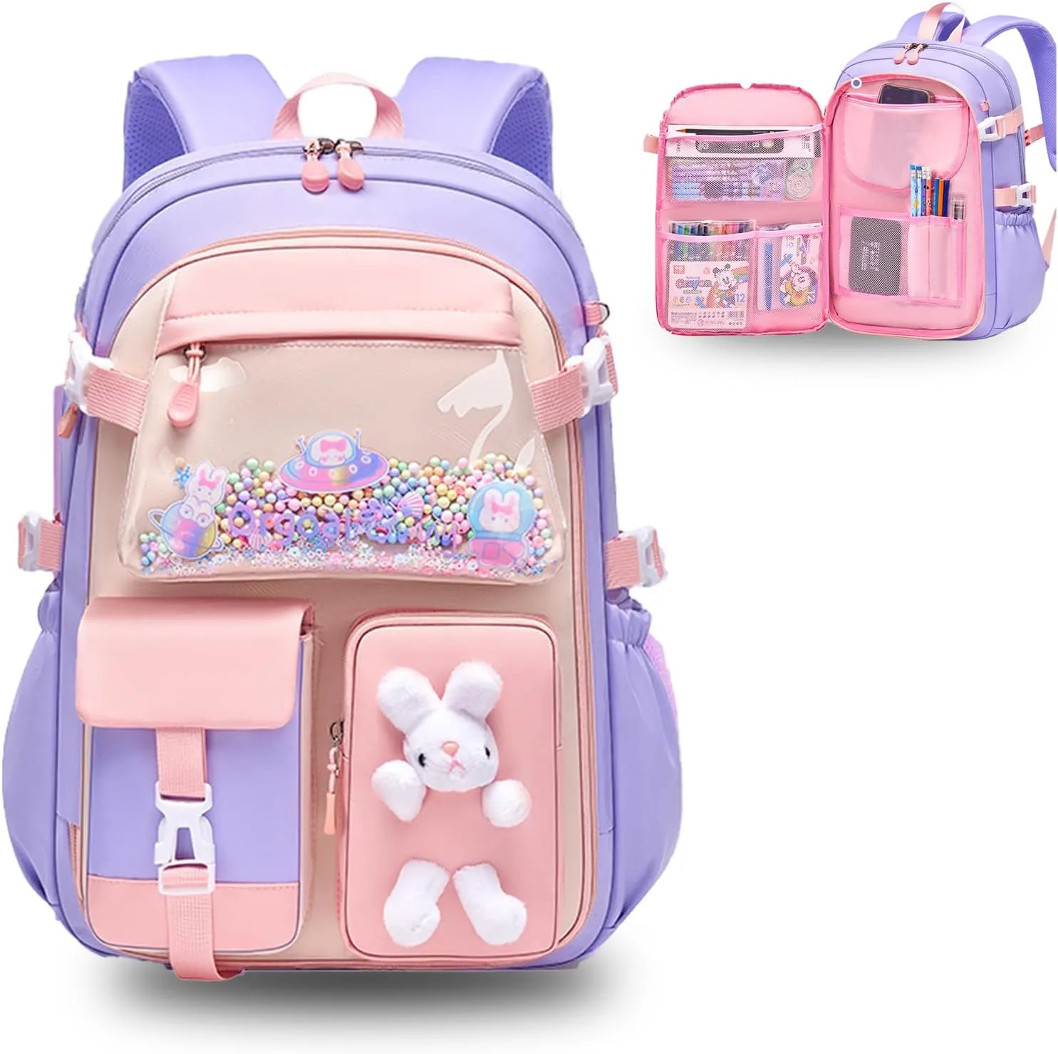 Kawaii Backpack with Cute Accessories Wide Open Bunny Cute Backpack Backpacks for girls with Plush Pendenat (Large,Purple)