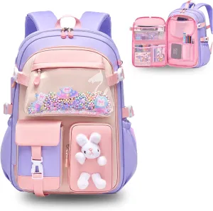 Kawaii Backpack with Cute Accessories Wide Open Bunny Cute Backpack Backpacks for girls with Plush Pendenat (Large,Purple)