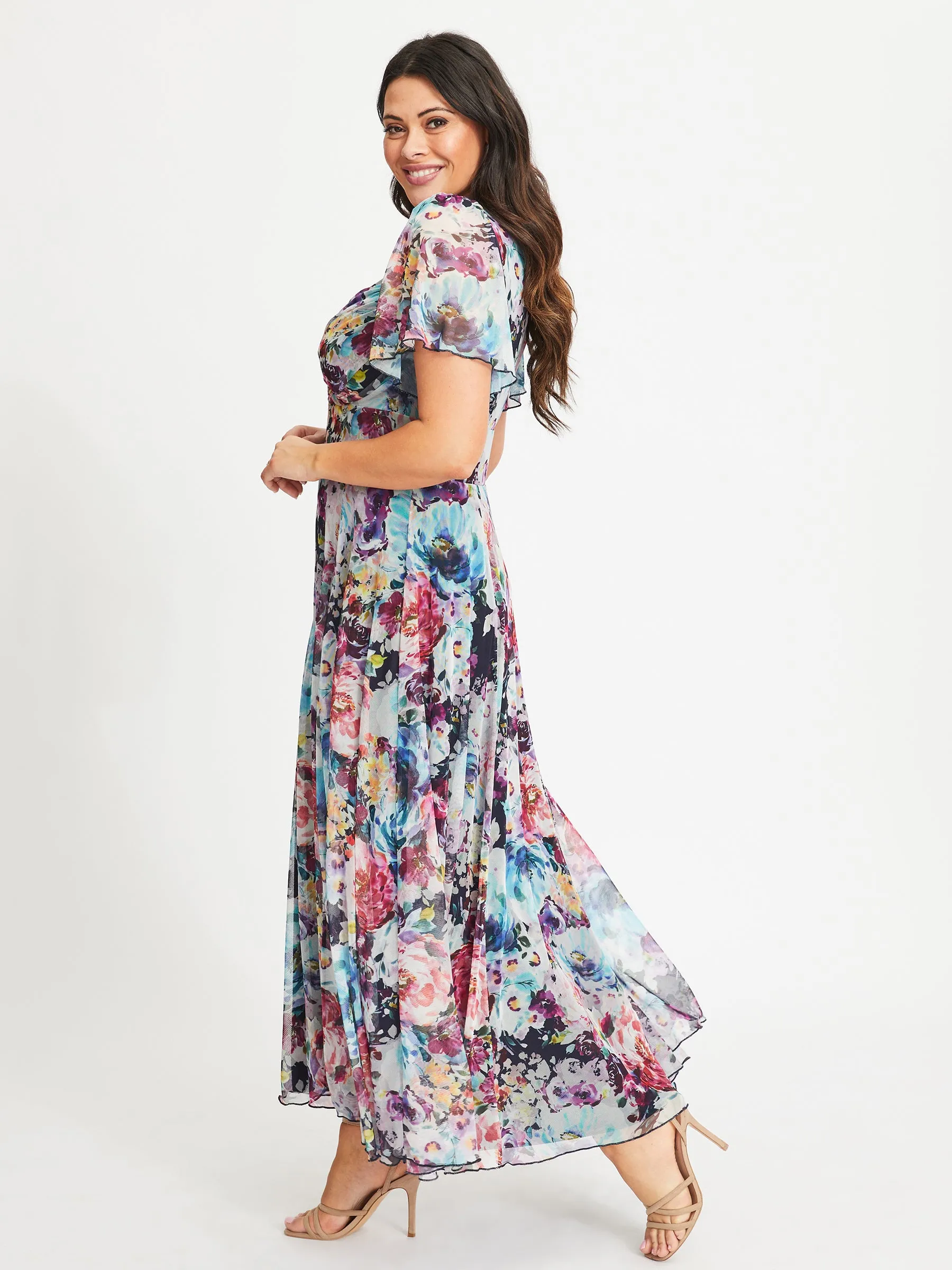 Kemi Blue Multi Print Bolero Wrap Bodice Maxi Gown