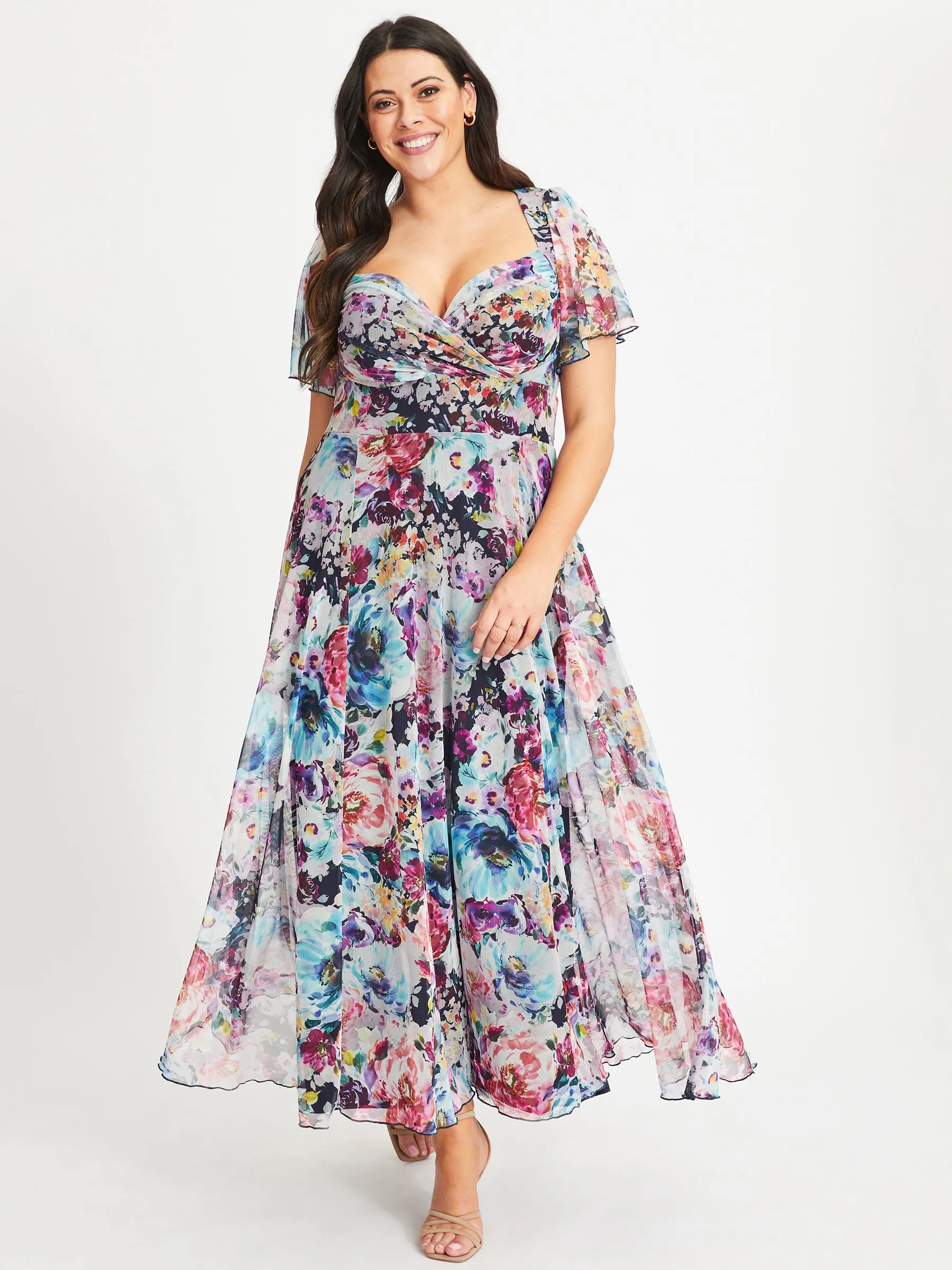Kemi Blue Multi Print Bolero Wrap Bodice Maxi Gown
