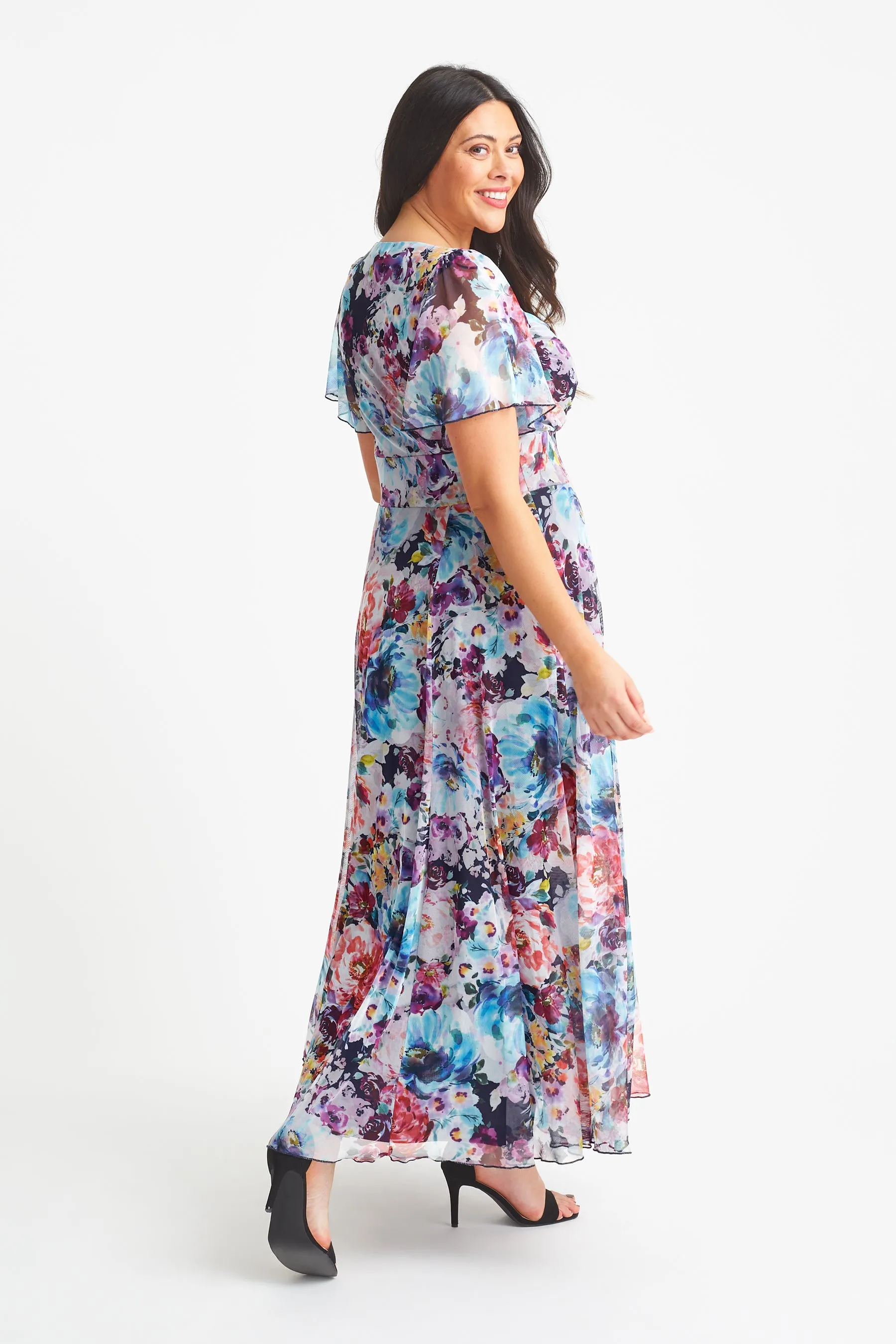 Kemi Blue Multi Print Bolero Wrap Bodice Maxi Gown