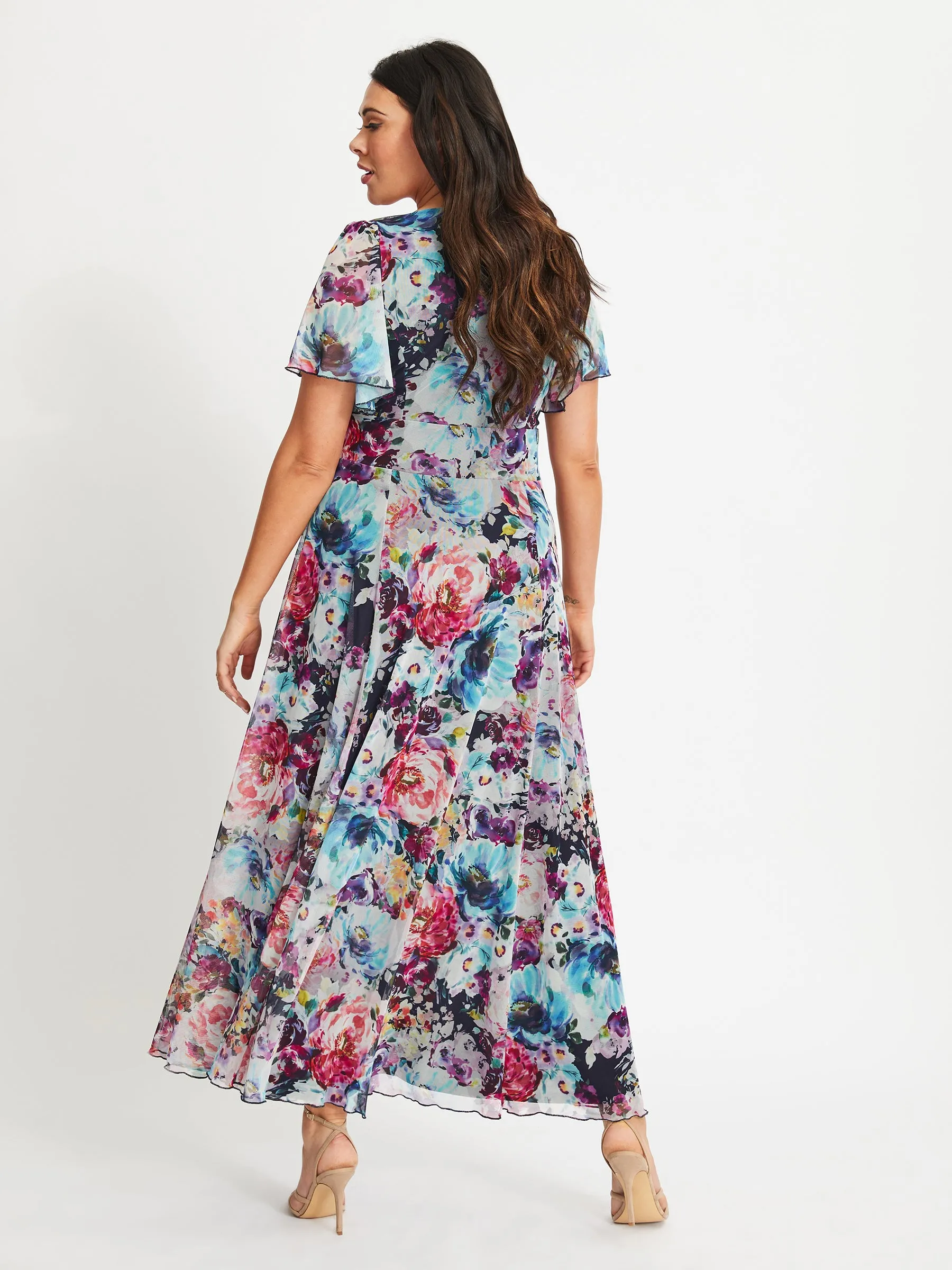 Kemi Blue Multi Print Bolero Wrap Bodice Maxi Gown