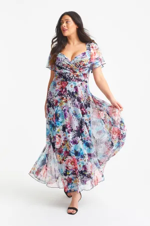 Kemi Blue Multi Print Bolero Wrap Bodice Maxi Gown