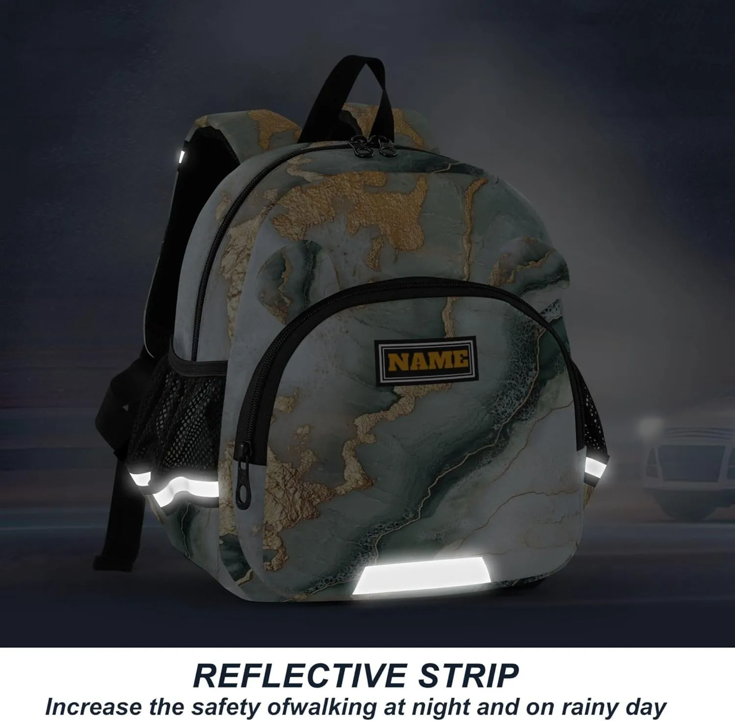 KLL Custom Cute Ears Backpacks For School Leash Boy's/Girl's Anti-Lost Personalized Bag School with Reflective Strip M Marble Sage Green White