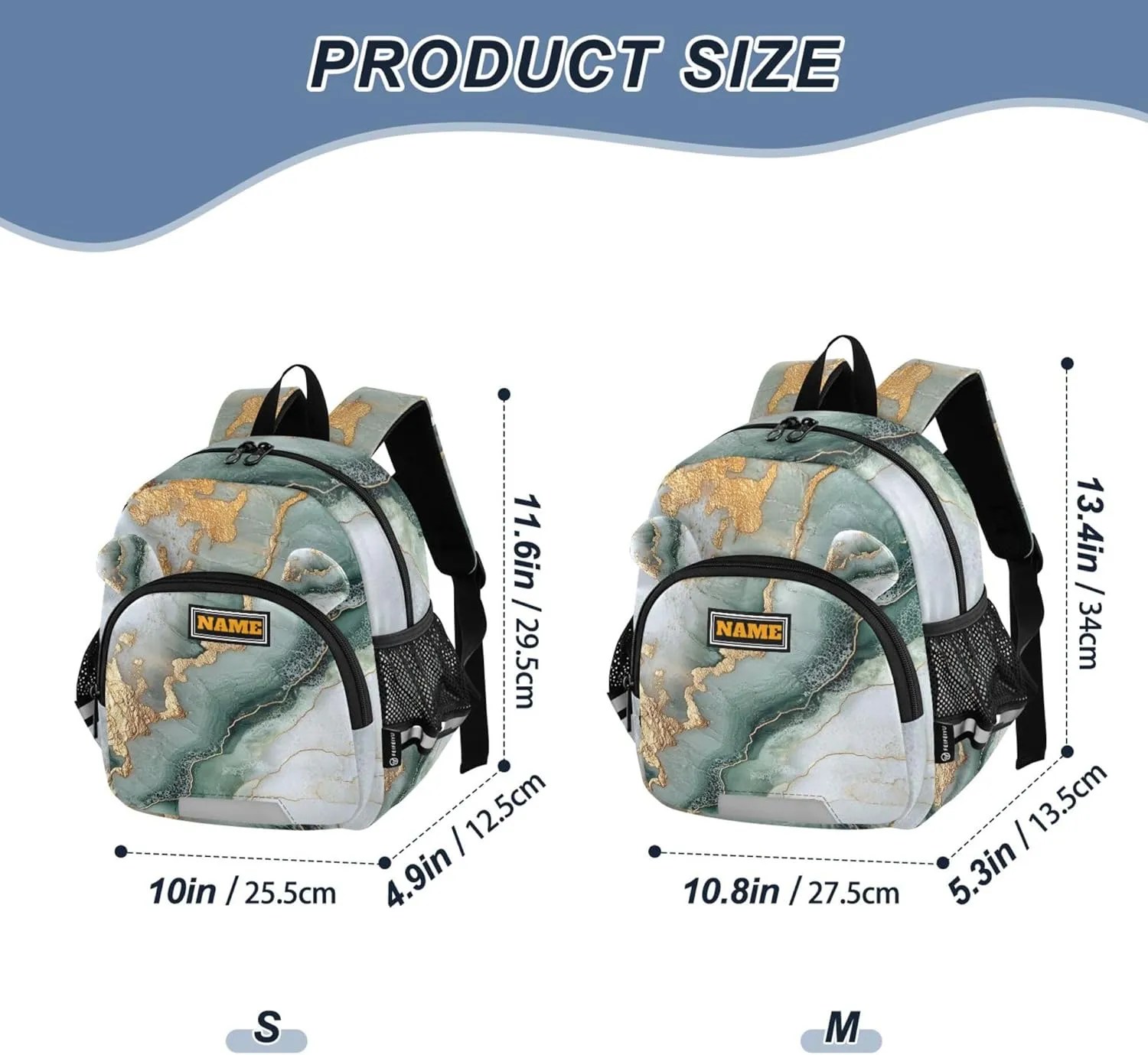 KLL Custom Cute Ears Backpacks For School Leash Boy's/Girl's Anti-Lost Personalized Bag School with Reflective Strip M Marble Sage Green White