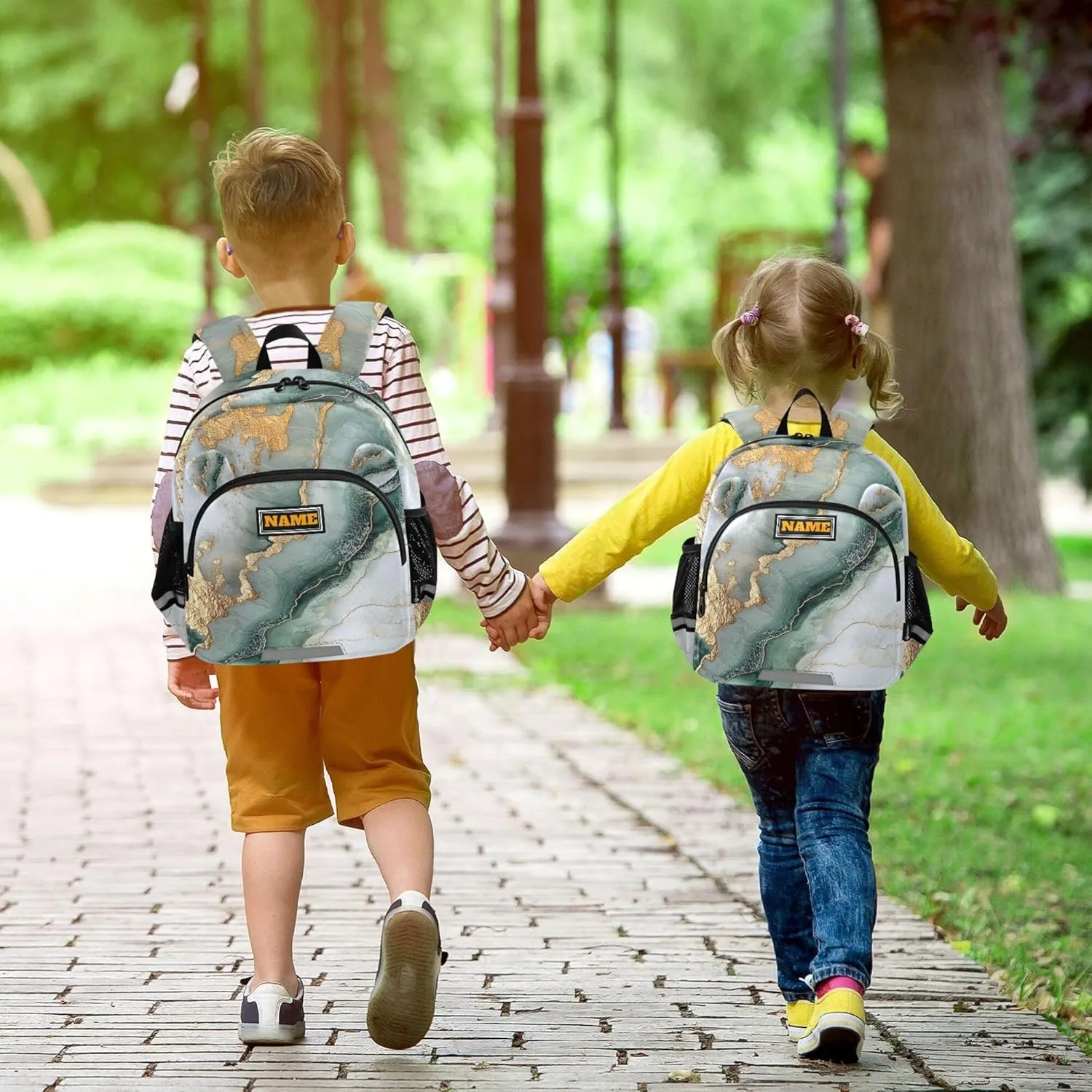 KLL Custom Cute Ears Backpacks For School Leash Boy's/Girl's Anti-Lost Personalized Bag School with Reflective Strip M Marble Sage Green White