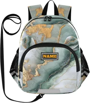 KLL Custom Cute Ears Backpacks For School Leash Boy's/Girl's Anti-Lost Personalized Bag School with Reflective Strip M Marble Sage Green White