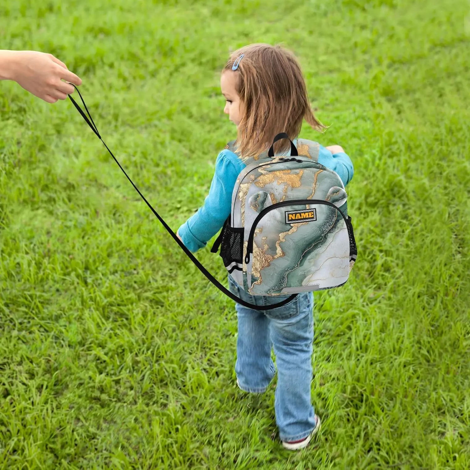 KLL Custom Cute Ears Backpacks For School Leash Boy's/Girl's Anti-Lost Personalized Bag School with Reflective Strip M Marble Sage Green White