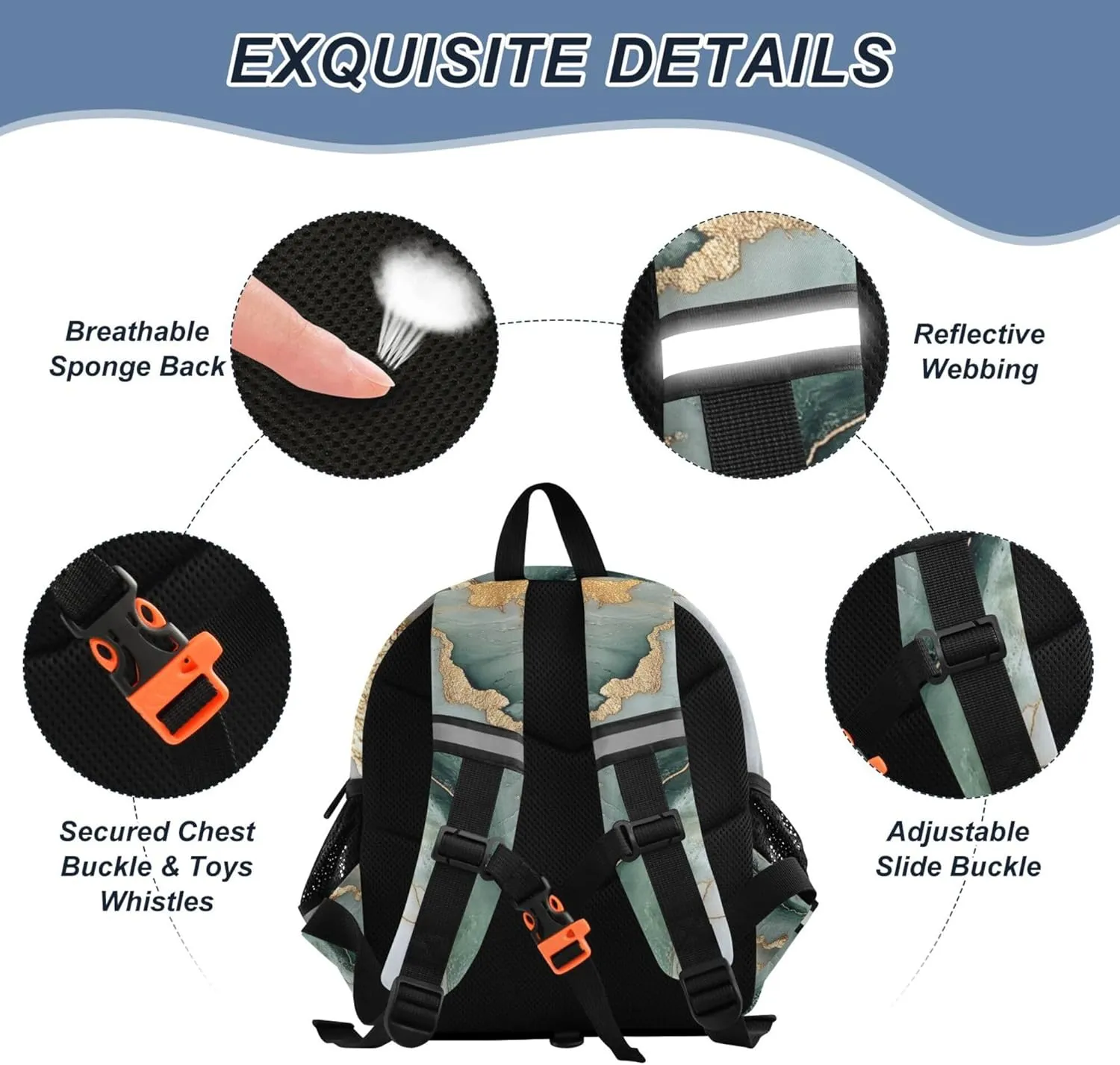 KLL Custom Cute Ears Backpacks For School Leash Boy's/Girl's Anti-Lost Personalized Bag School with Reflective Strip M Marble Sage Green White
