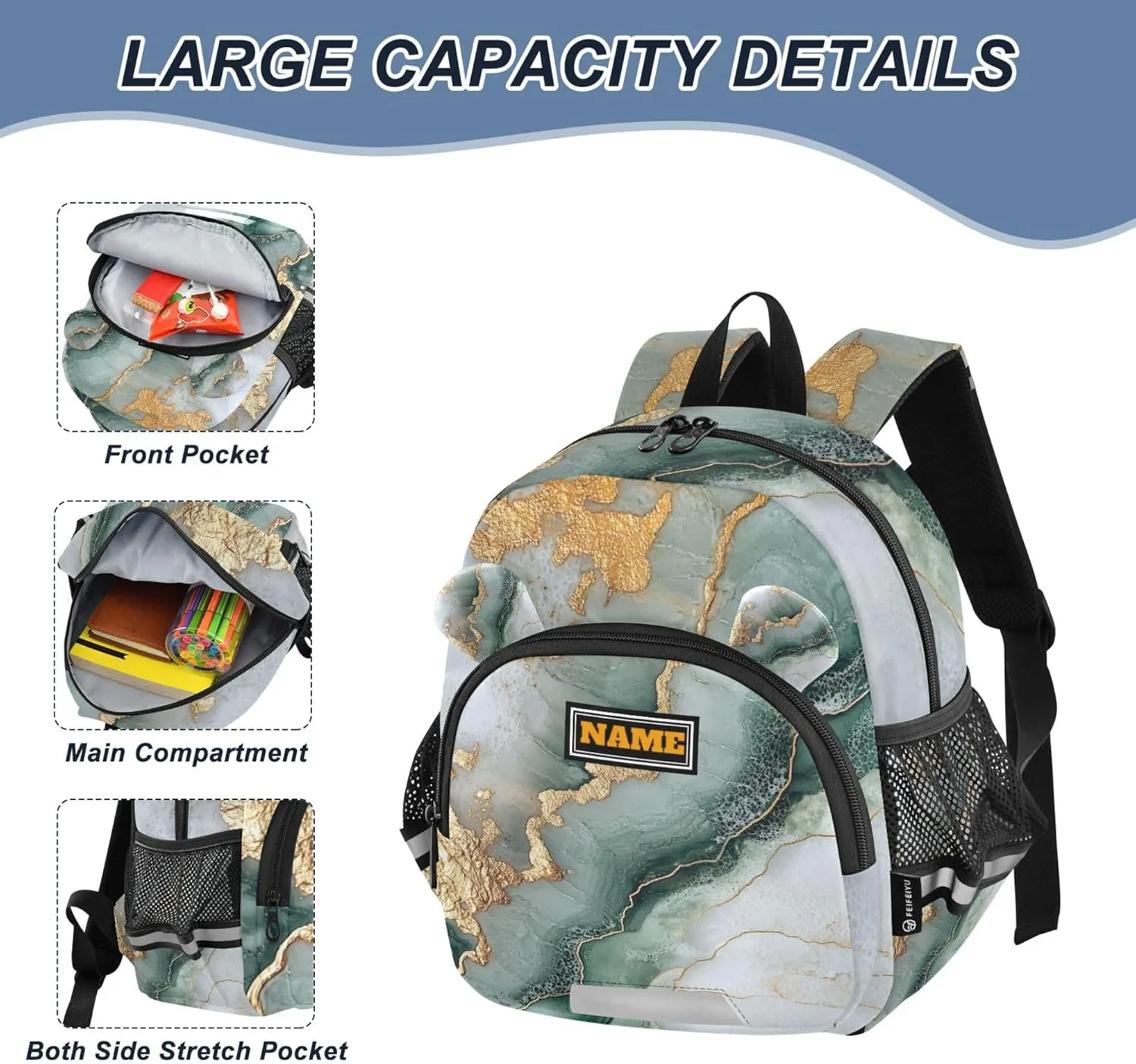 KLL Custom Cute Ears Backpacks For School Leash Boy's/Girl's Anti-Lost Personalized Bag School with Reflective Strip M Marble Sage Green White