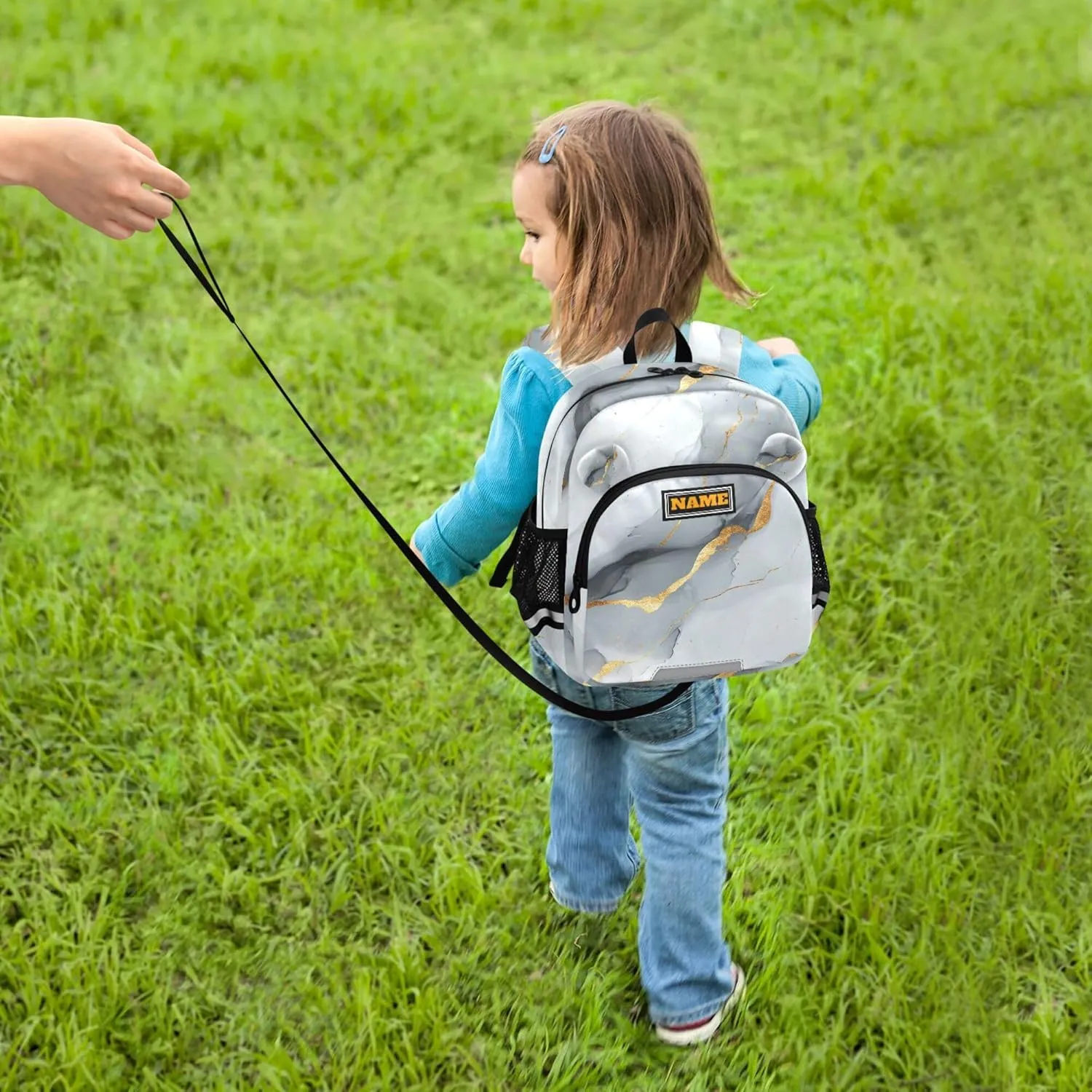 KLL Custom Cute Ears Cute School Backpack Leash Boys Girls Anti-Lost Personalized Toddler Book Bag with Reflective Strip S Marble White Gray