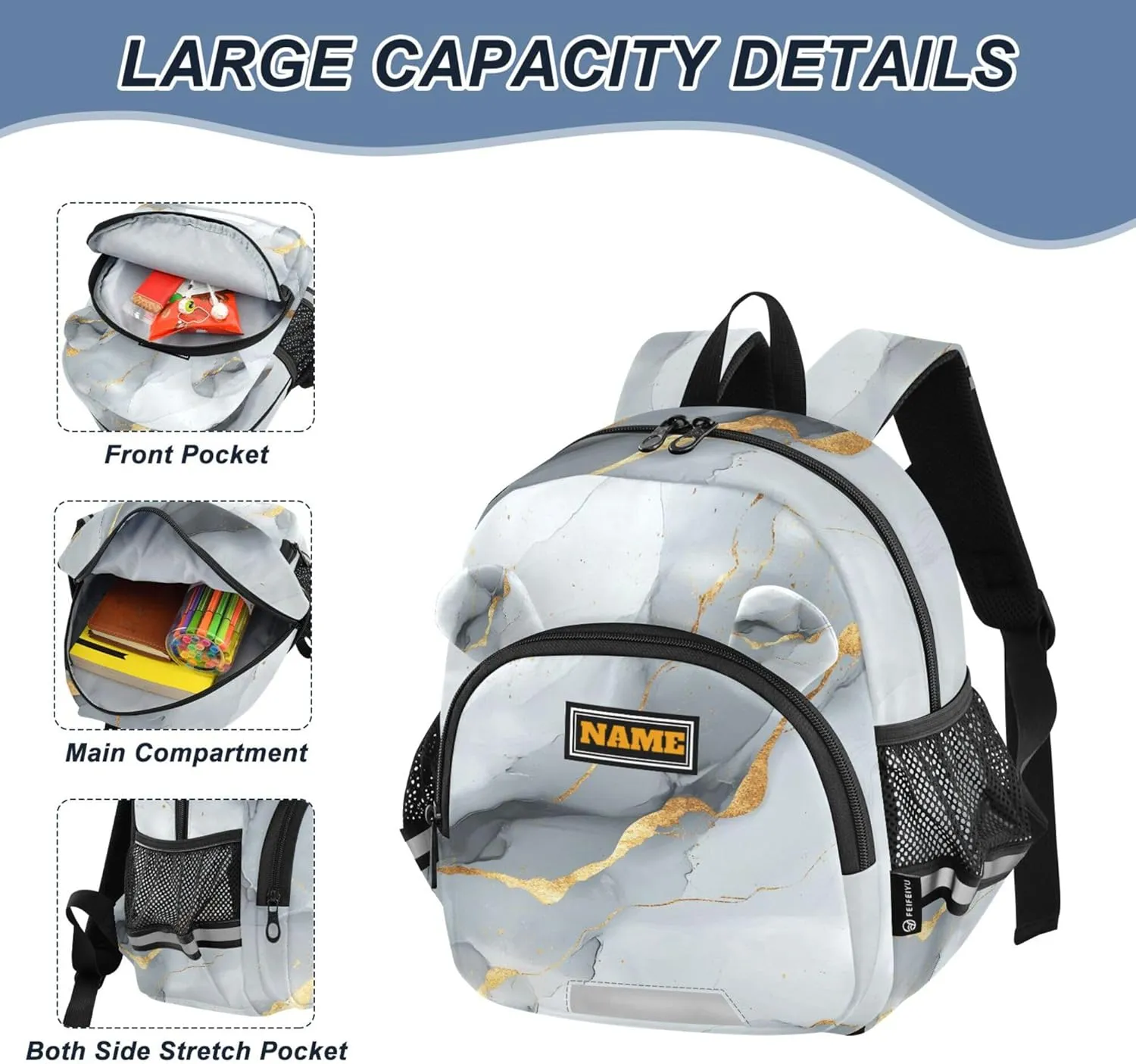 KLL Custom Cute Ears Cute School Backpack Leash Boys Girls Anti-Lost Personalized Toddler Book Bag with Reflective Strip S Marble White Gray