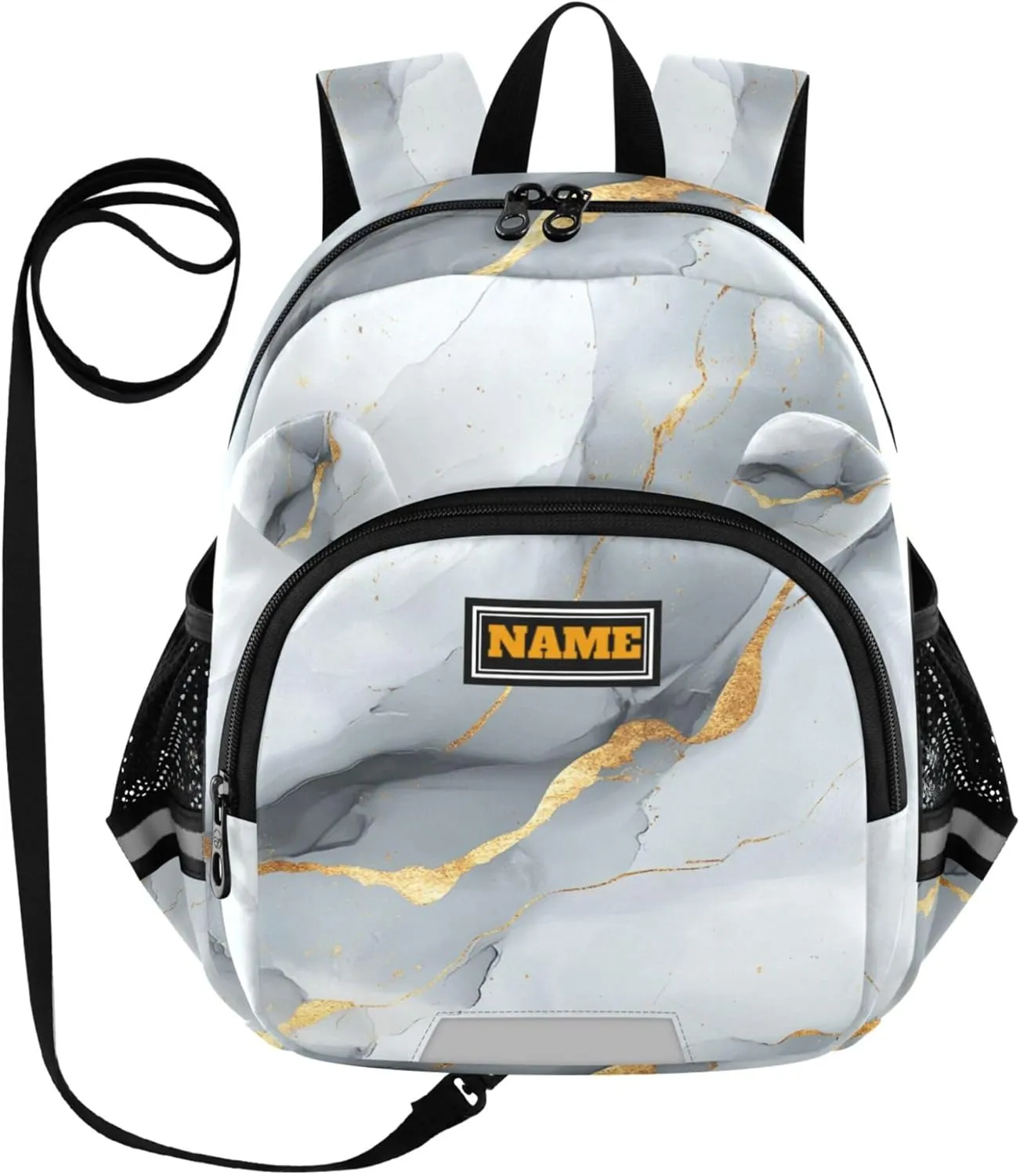 KLL Custom Cute Ears Cute School Backpack Leash Boys Girls Anti-Lost Personalized Toddler Book Bag with Reflective Strip S Marble White Gray