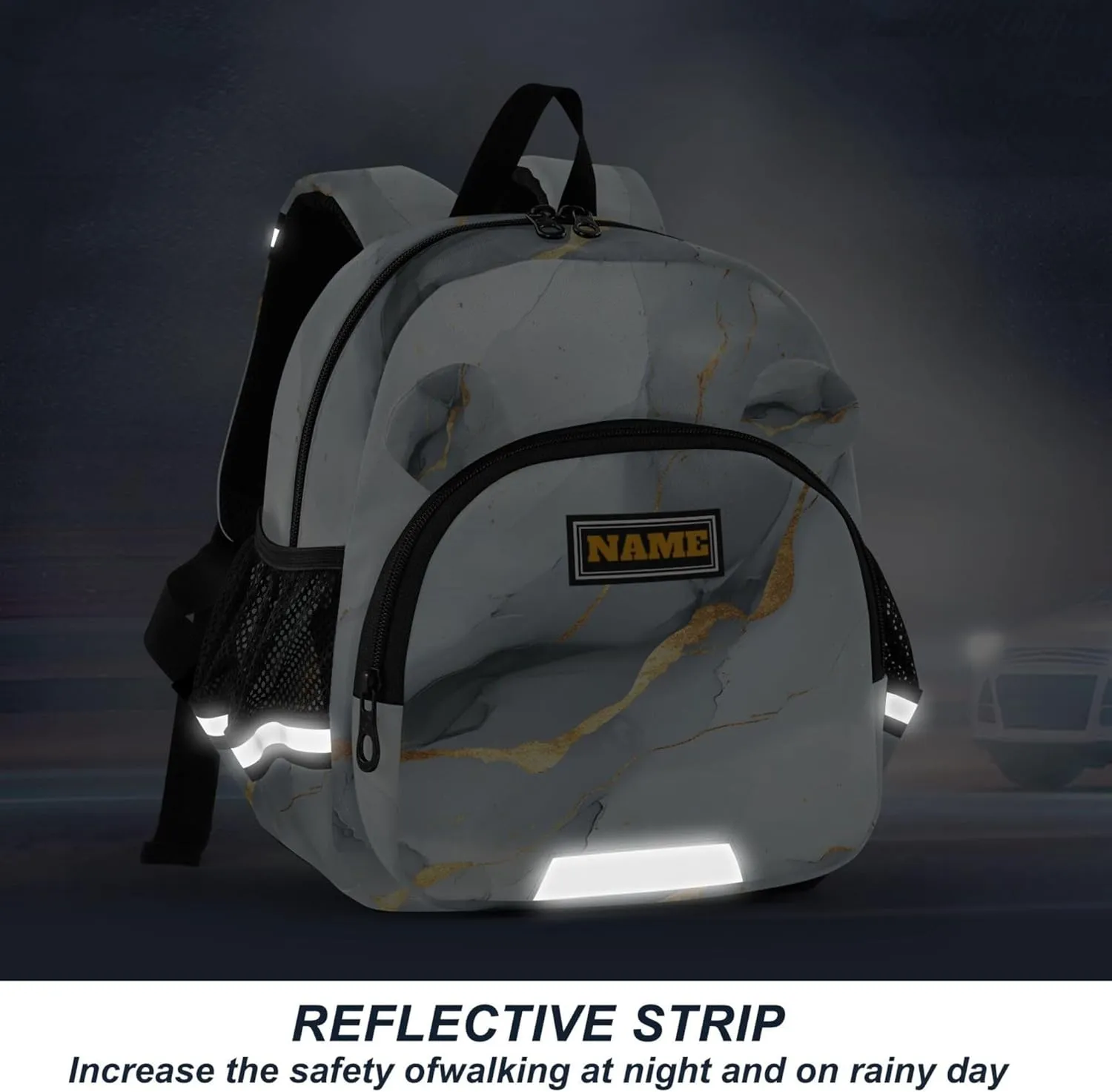 KLL Custom Cute Ears Cute School Backpack Leash Boys Girls Anti-Lost Personalized Toddler Book Bag with Reflective Strip S Marble White Gray