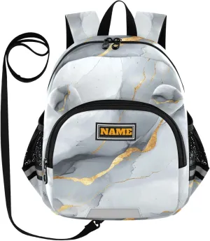 KLL Custom Cute Ears Cute School Backpack Leash Boys Girls Anti-Lost Personalized Toddler Book Bag with Reflective Strip S Marble White Gray