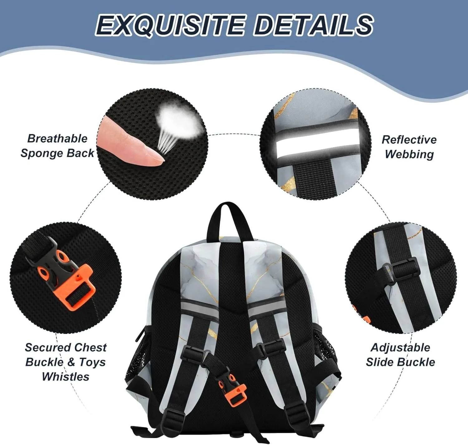 KLL Custom Cute Ears Cute School Backpack Leash Boys Girls Anti-Lost Personalized Toddler Book Bag with Reflective Strip S Marble White Gray