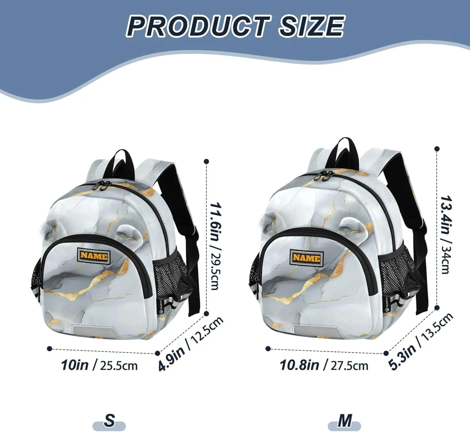 KLL Custom Cute Ears Cute School Backpack Leash Boys Girls Anti-Lost Personalized Toddler Book Bag with Reflective Strip S Marble White Gray