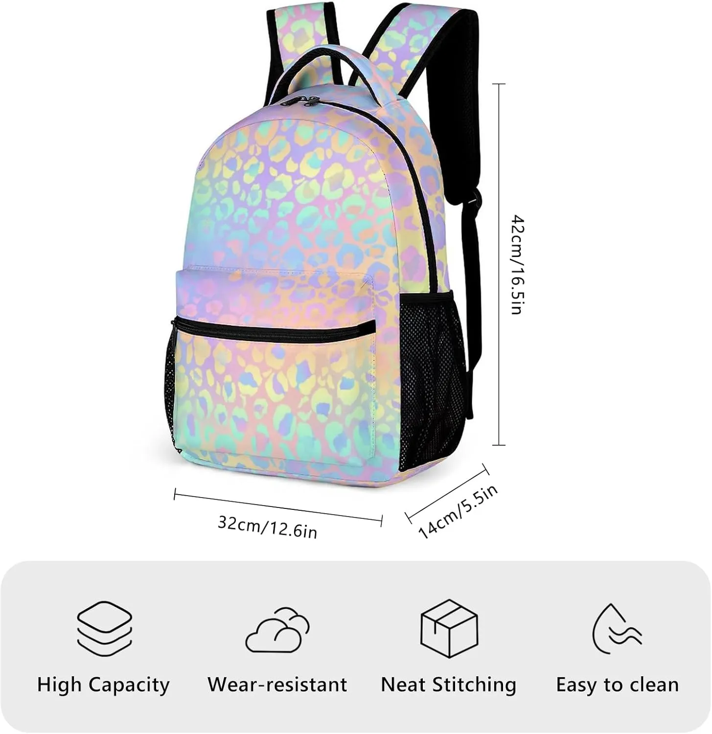 KOYI Rainbow Leopard Backpack for Girls, Cheetah Print, Gradient Yellow Green Hot Pink, Children's School Backpack, 16.5 Inch
