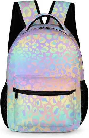 KOYI Rainbow Leopard Backpack for Girls, Cheetah Print, Gradient Yellow Green Hot Pink, Children's School Backpack, 16.5 Inch