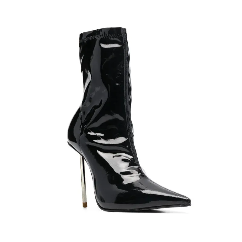 Lacquered Pointed-Toe Metallic Stiletto Short Boots