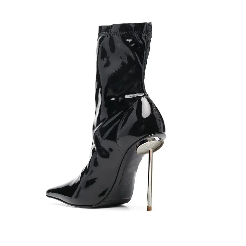 Lacquered Pointed-Toe Metallic Stiletto Short Boots