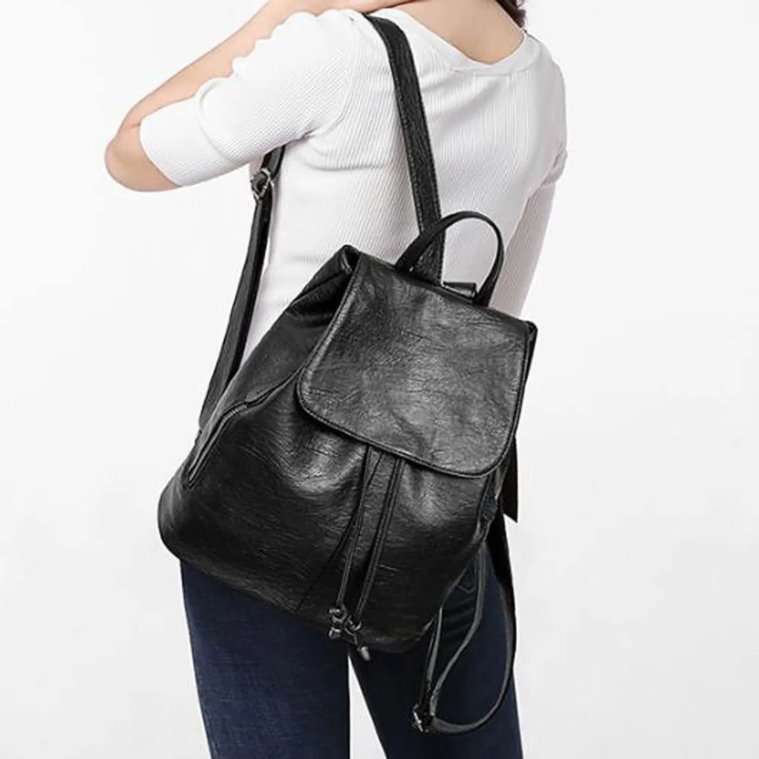 Ladies Casual Large Capacity Multifunctional Double Shoulder Backpack Portable Women's Travel Leather Backpacks (Black)