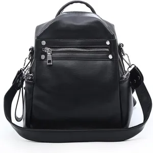 Ladies PU Leather Simple Retro Hobo Shoulder Bag Portable Women's Travel Backpacks (Black)
