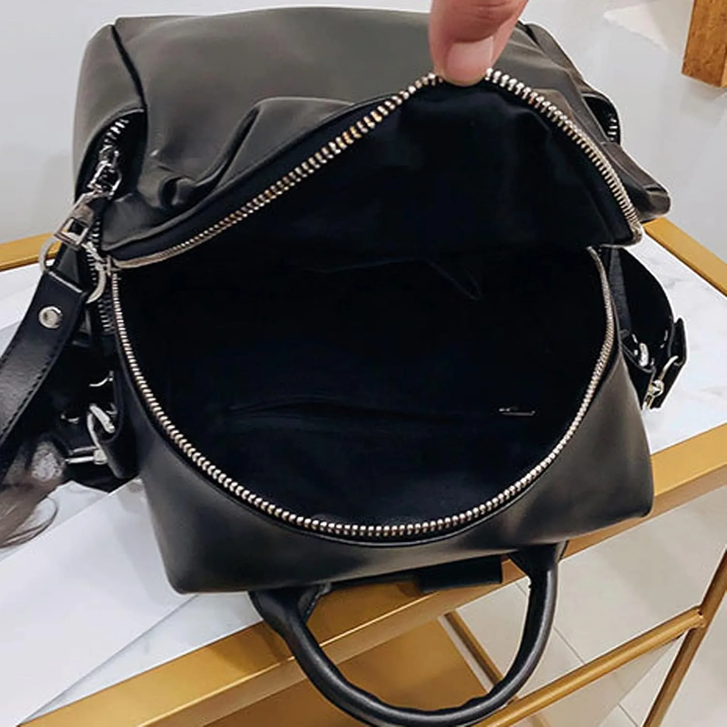 Ladies PU Leather Simple Retro Hobo Shoulder Bag Portable Women's Travel Backpacks (Black)