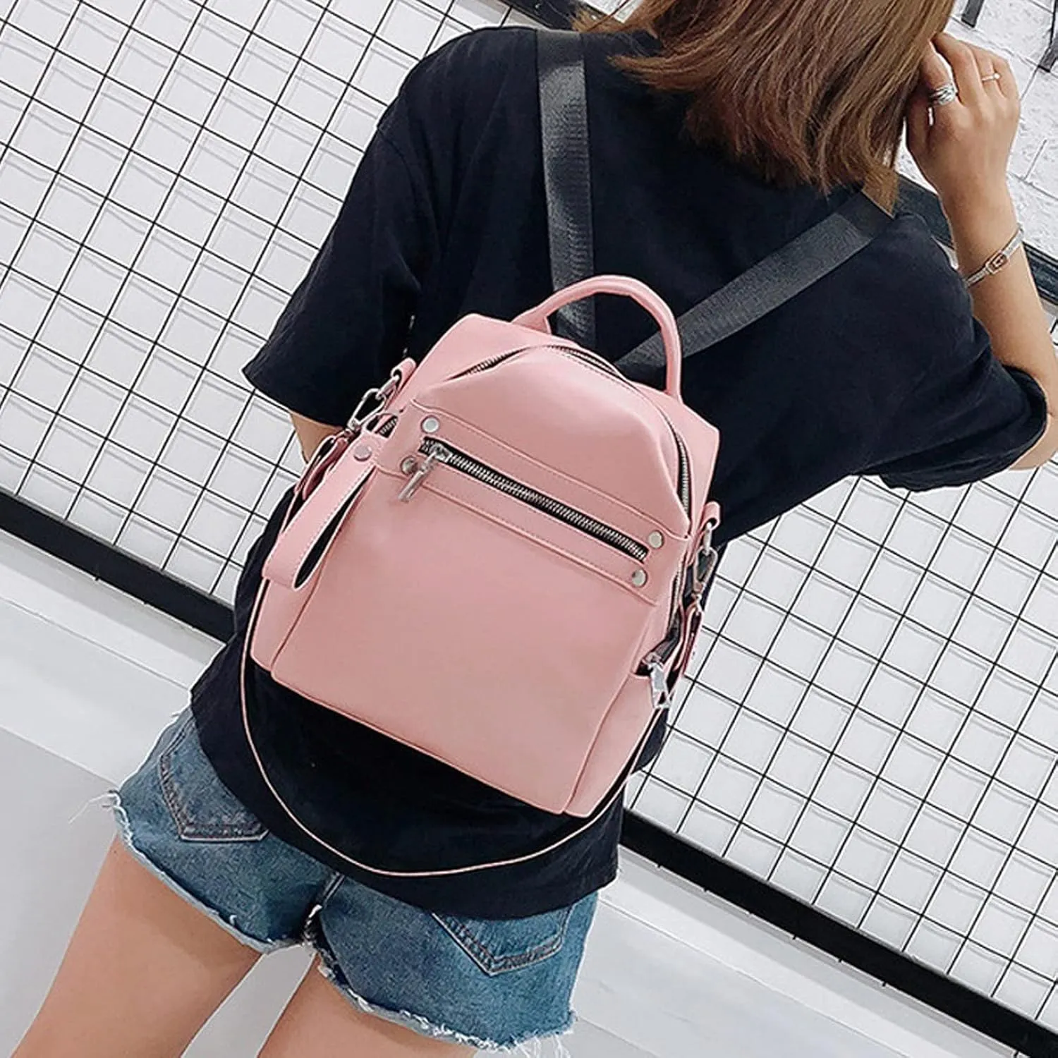 Ladies PU Leather Simple Retro Hobo Shoulder Bag Portable Women's Travel Backpacks (Black)
