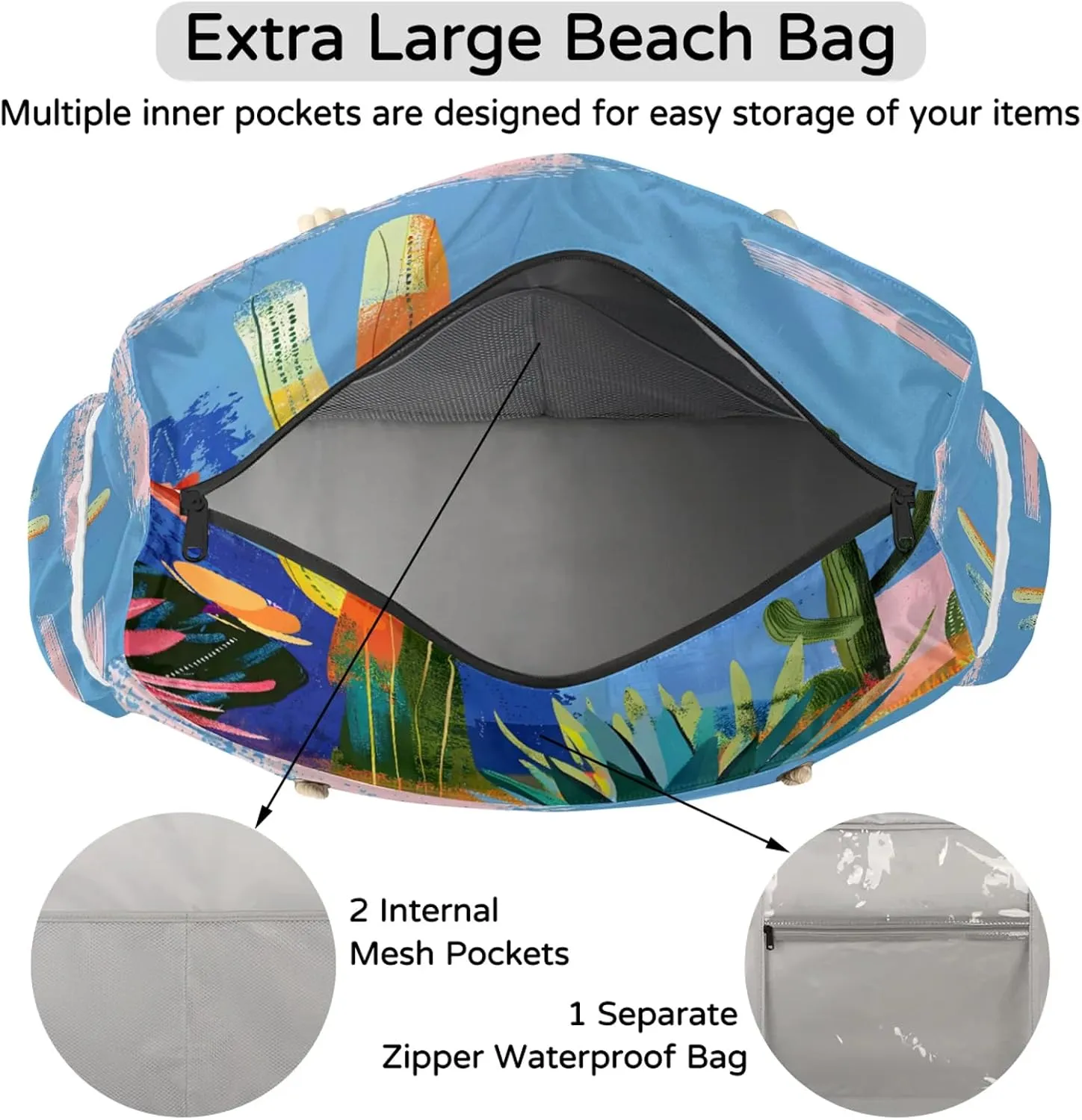 Large Beach Bags for Women with Zipper Beach Tote Bag Waterproof Sandproof Gym Swim Pool Grocery Travel Bag
